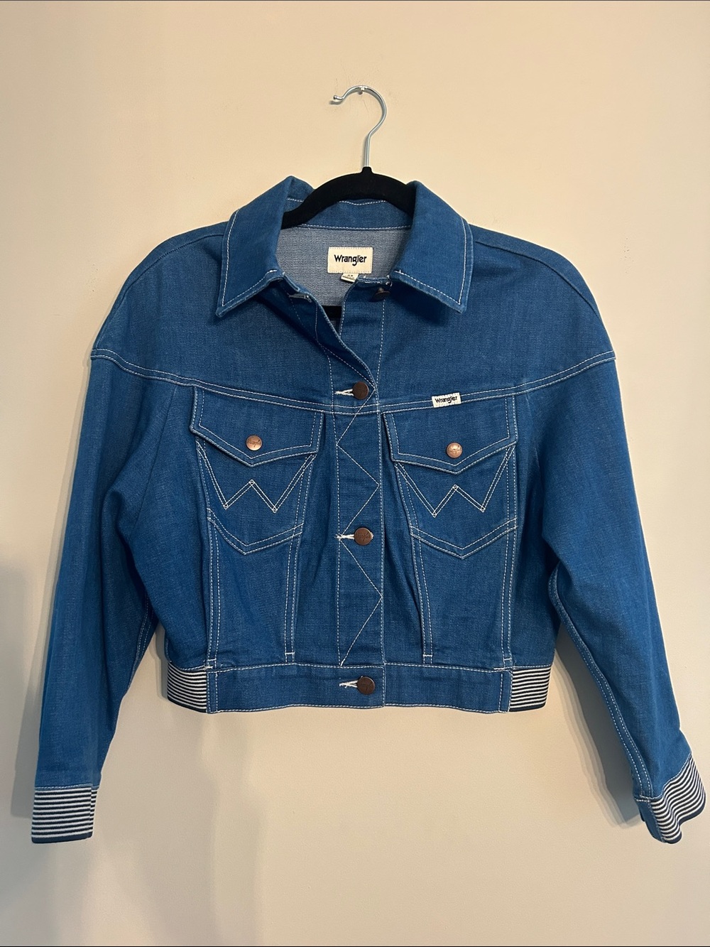 Wrangler Blue Denim Cropped Trucker Jacket with Striped Cuffs